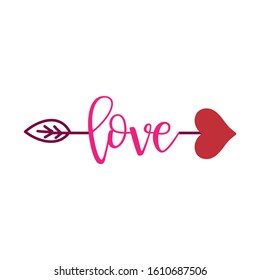 'love' in boho arrow - lovely lettering calligraphy quote for Valentines Day or relationship anniversary. Handwritten  tattoo, ink design or greeting card. Modern vector art.