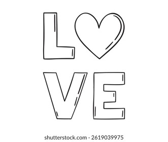 Love bold large inscription. Love word doodle hand drawn sticker with heart for social media content. Valentine romantic comic style poster, t shirt print, post card. Vector illustration