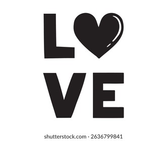 Love bold large inscription. Love word doodle hand drawn sticker with heart for social media content. Valentine romantic comic style poster, t shirt print, post card. Vector illustration