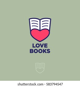 Love book emblem. Love book website emblem. Open book and heart on a light background.