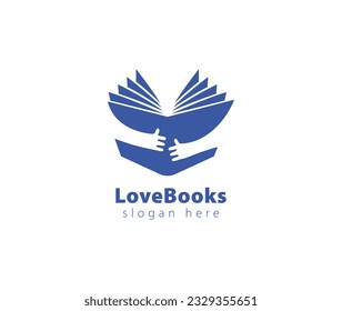 La combinación del logotipo del libro de amor y las manos. Símbolo o icono de novela y abrazo