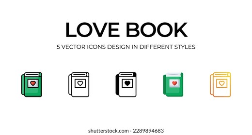 Diseño del icono del libro de amor en estilo de cinco con estilo editable Stroke. Línea, Sólido, Línea plana, Color de tono Duo y Línea de degradado de color. Adecuado para diseño de páginas Web, aplicaciones móviles, UI, UX y GUI.
