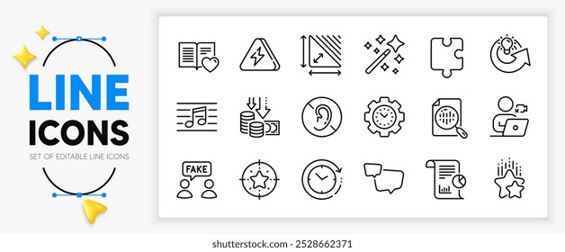 Livro de amor, Raio parafuso e Triângulo ícones de linha de área definidos para aplicativo incluem Sem audição, Deflação, Magia varinha ícone fino contorno. Gráfico analítico, videoconferência, ícone pictograma de nota musical. Vetor