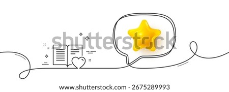 Love book line icon. Continuous line with 3d star. Feedback sign. Customer satisfaction symbol. 3d star in speech bubble. Love book single line ribbon. Loop curve pattern. Vector