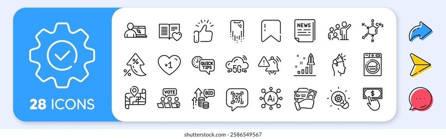 Love book, Smartphone recovery and Qr code line icons. Interest rate, AI generate, Inflation icons. Pack of 5g cloud, Map, Laundry icon. Leadership, Payment click, Bid offer pictogram. Vector