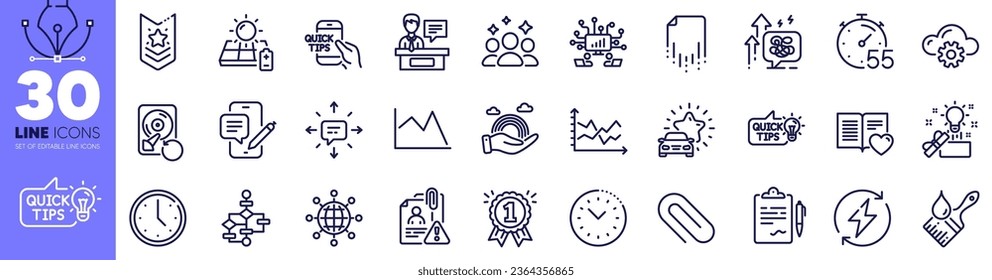 Love book, Squad and International globe line icons pack. Education idea, Time, Paper clip web icon. Creative idea, Brush, Clipboard pictogram. Car review, Line chart, Recovery hdd. Vector