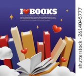 I love books 3D style vector poster design. Stack of books with hearts in the starry sky. Volumetric pile of textbooks, literature, dictionaries and encyclopedias. Library or bookstore, education