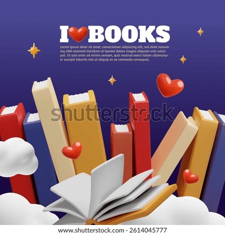 I love books 3D style vector poster design. Stack of books with hearts in the starry sky. Volumetric pile of textbooks, literature, dictionaries and encyclopedias. Library or bookstore, education