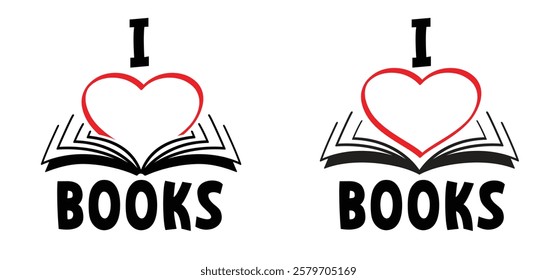 I love books, Book lovers. Open book and pages with lover and heart. Education concept. Line drawing. Opened books sign. Book store logo. Concept of love of reading