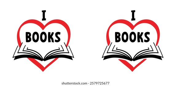 I love books, Book lovers. Open book and pages with lover and heart. Education concept. Line drawing. Opened books sign. Book store logo. Concept of love of reading