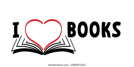 I love books, Book lovers. Open book and pages with lover and heart. Education concept. Line drawing. Opened books sign. Book store logo. Concept of love of reading