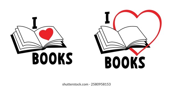 I love books, Book lovers. Open book and pages with lover and heart. Education concept. Line drawing. Opened books sign. Book store logo. Concept of love of reading