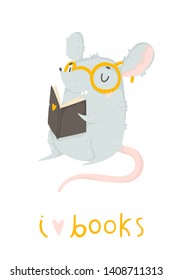 i love books. Creative postcard for New 2020 Year with cute rat. Year of the Rat - rat with book. Cartoon. Isolated. Vector illustration