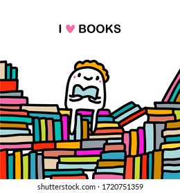 Me encantan los libros ilustraciones vectoriales dibujadas a mano en un hombre de estilo cómico de caricaturas sentado en un hobby de la biblioteca