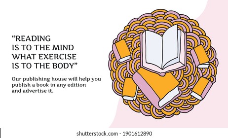 Love for books. Books on an abstract background. Website header or banner in Colored Doodle style, Yellow and lilac colors. Reading is to the mind what exercise is to the body. Vector EPS 10