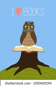 I love books. Owl sitting on open book. Hand drawn vector illustration.