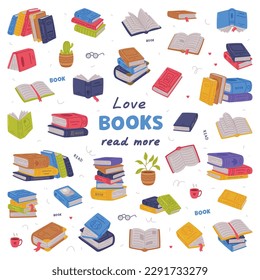 Love books, read more. Collection of hardback books with colorful covers. Library, book store, back to school concept cartoon vector illustration