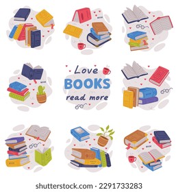 Love books, read more. Books collection. Library, book store, back to school concept cartoon vector illustration