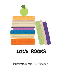 Love books. Stack of books with apple. Pile of books vector illustration. Icon stack of books in flat style.