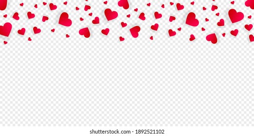 Love border with falling red hearts, vector frame with scatter confetti petals. Horizontal up bordering, for Valentine day or wedding invitation card template isolated transparent background, pattern