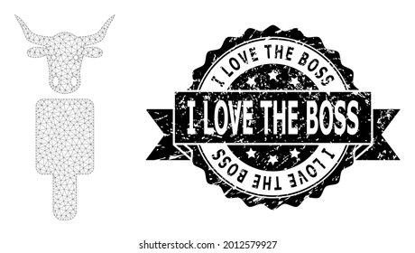 I Love the Boss corroded watermark and vector cow man mesh structure. Black stamp seal contains I Love the Boss caption inside ribbon and rosette. Abstract flat mesh cow man, designed with flat mesh.