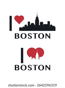 I love Boston vector art, badge, tag, icon, logo concept. USA, Massachusetts state city landmarks and heart isolated image layout for print, image, card
