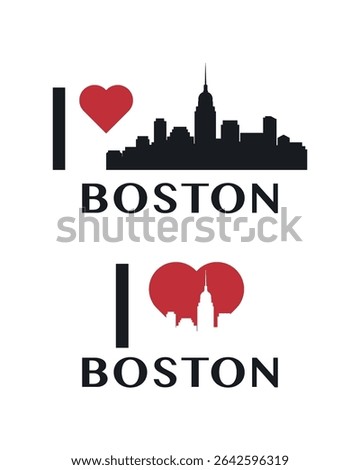 I love Boston vector art, badge, tag, icon, logo concept. USA, Massachusetts state city landmarks and heart isolated image layout for print, image, card