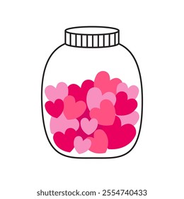 Love bottle Glass jar with pink red hearts inside. Happy Valentines Day. Greeting card, postcard, poster, sticker print template. Contour line doodle. Flat design. Isolated. White background. Vector