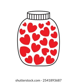 Love bottle Glass jar with red hearts inside. Happy Valentines Day. Greeting card, postcard, poster, sticker print template. Contour line doodle. Flat design. White background. Isolated. Vector