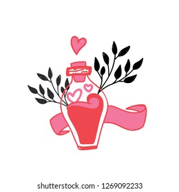 Love bottle greeting card with cute cartoon heart. Valentine Day poster concept.