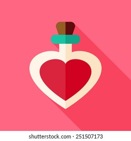 Love bottle with heart shape. Flat stylized object with long shadow