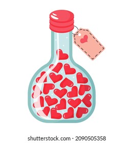 Love bottle with hearts inside and label with heart. Valentine's day design element. 