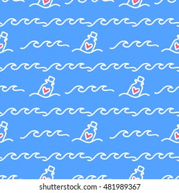 Love bottle with hearts inside seamless pattern. Red and blue. Love Card.