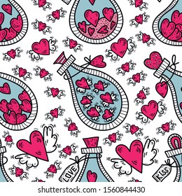 Love bottle and hearts seamless pattern. Hand drawn vector illustration. Valentines day, wedding design for textile, poster typography, card, invitation.