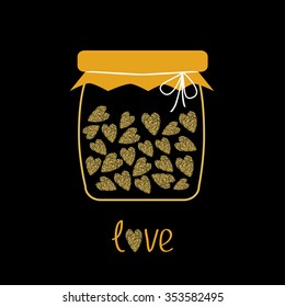Love bottle jar with hearts inside. Gold sparkles glitter texture Black background Vector illustration