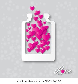 Love bottle jar with hearts inside.Applique Love Jam. Stylized paper cut love hearts - excellent food for valentines day.