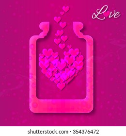 Love bottle jar with hearts inside.Applique Love Jam. Stylized paper cut love hearts - excellent food for valentines day.