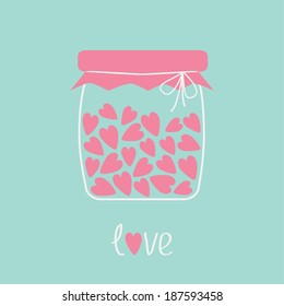 Love bottle jar with pink hearts inside. Card. Vector illustration. 