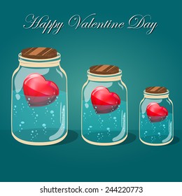 Love bottle jar with pink hearts inside. Post card vector