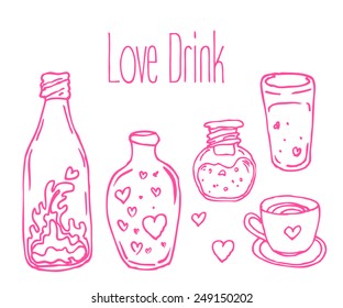 Love bottle jar with pink hearts inside. Card. Vector illustration. Valentine's day concept. 