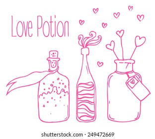 Love bottle jar with pink hearts inside. Card. Vector illustration. Valentine's day concept. 