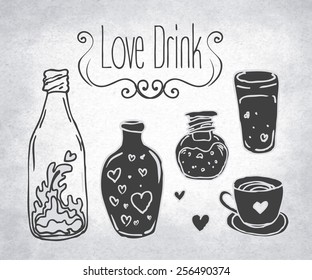Love bottle jar with pink hearts inside. Card. Vector illustration. Valentine's day concept. 