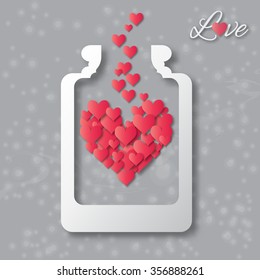 Love bottle jar with red hearts inside.Applique Love Jam. Stylized paper cut love hearts - excellent food for valentines day.