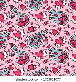 Love bottle, pink hearts with wings, arrows seamless pattern. Hand drawn vector illustration. Valentines day, wedding design for textile, poster typography, card, invitation