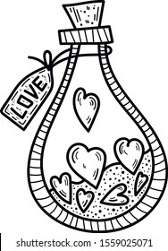 Love bottle vector illustration. Hand drawn element for Valentines day. Magic sweet sticker, hearts inside. Love potion bottle.