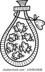 Love bottle vector illustration. Hand drawn element for Valentines day. Magic sweet sticker, hearts inside. Love potion bottle.