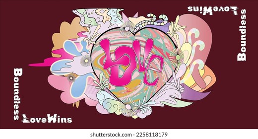 El amor es una victoria sin límites igual para todos en un día de San Valentín creado y citado bajo un espectro de arcoiris pastel brillante con palabras distorsionadas
