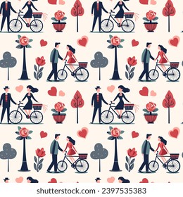 С in Liebe und Bouquets nahtloser Vektorhintergrund. Valentinstag-Muster. Herzformen und romantische Blumen. 