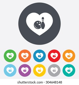 Love Bowling game sign icon. Ball with pin skittle symbol. Round colourful 11 buttons. Vector