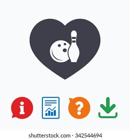 Love Bowling game sign icon. Ball with pin skittle symbol. Information think bubble, question mark, download and report.